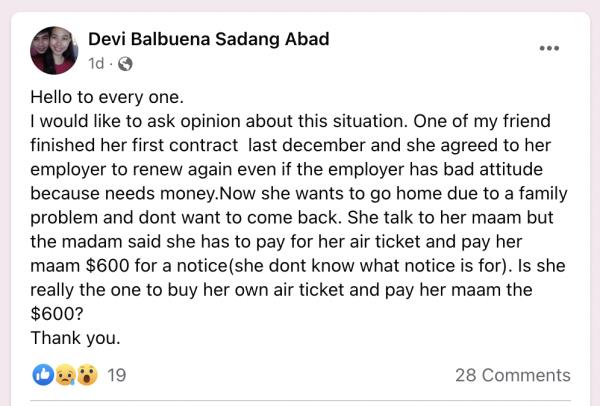 一位因家庭问题想回家的女佣被要求支付600美元，并购买自己的机票作为违约赔偿