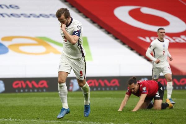 33) Albania are beaten 2-0 in Tirana on March 28, 2021, with Kane getting his 33rd for England. Getty